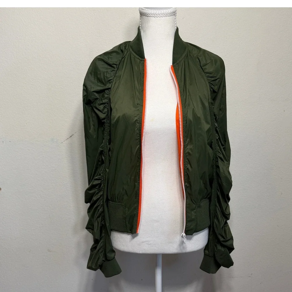 Hunter for Target Olive Green Ruched Sleeve Bomber Jacket Orange Zip Small